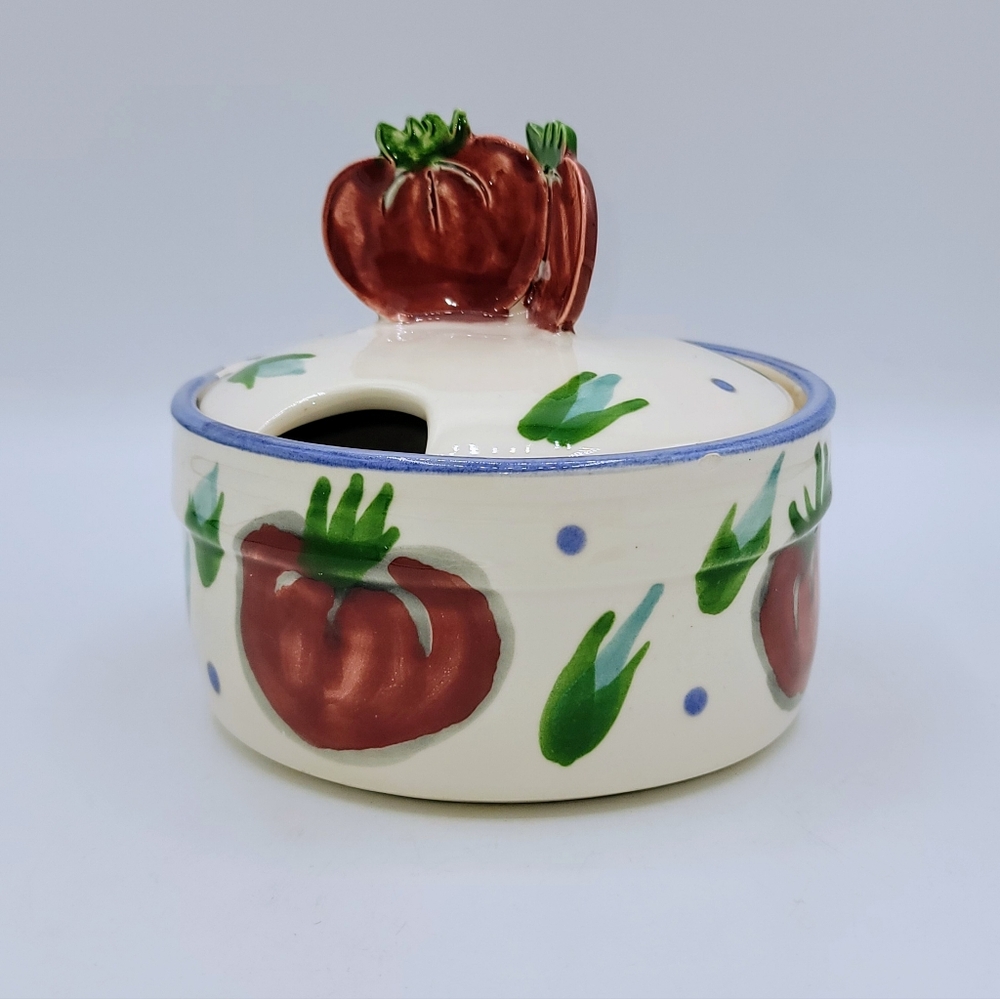 1990 Hand Painted Lidded Pottery Bowl & Plate Set Tomato Motif Vermont Signed - Picture 8 of 14